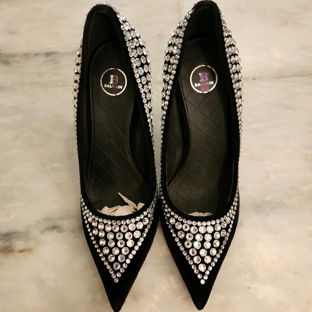 Balmain Crystal Embellished Satin Pumps Heels US 7.5 EUR 37.5